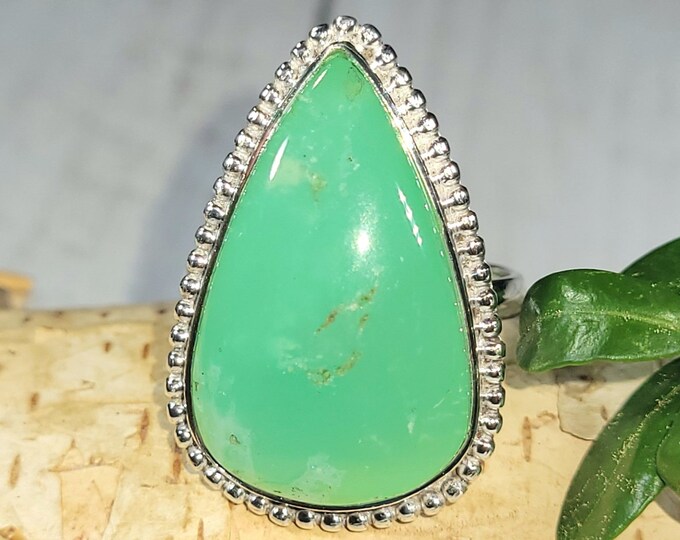 Natural AAA Grade Stunning Green Chrysoprase Handmade Pear .925 Sterling Silver Ring Size 9.5 9 Grams 1 1/8" x 9/16" CF17