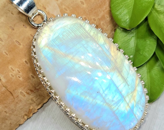 Moonstone Pendant, Rainbow Moonstone Sterling Silver Pendant, Premium Grade Moonstone Pendant, Gift for Her, Statement Pendant, FC12