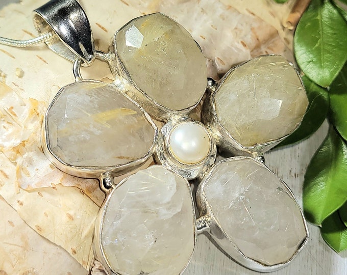 Natural Tumble Stones Rutilated Quartz & Pearl Flower .925 Sterling Silver Pendant measures 2 1/4" x 1 7/8" 31 Grams J12