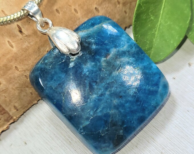 Natural Top Quality Apatite Square Cabochon .925 Sterling Silver Pendant 1 1/2" x 1" FT34. Sterling Silver Rhodium Plated Bail, Gift for Her