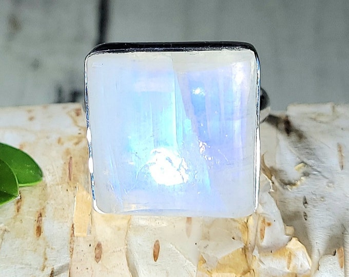 Natural High Grade Full Flash Moonstone Square .925 Sterling Silver Ring Size 6 6 Grams 5/8" Square AB11