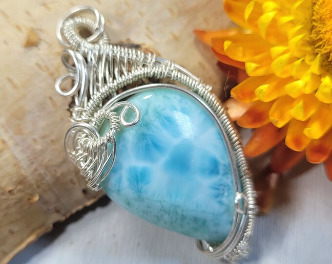 Natural Premium Grade Larimar Hand Wrapped .925 Sterling Silver Pendant 2 1/8" x  1 1/8" CP18 Handmade Wrapped Solid Sterling Silver
