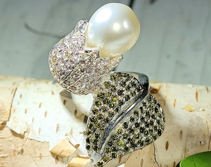 Natural Freshwater White Pearl & Multi-Color Tourmaline .925 Sterling Silver Ring Size 7 14 Grams 1 1/4" x 1 3/8" J17