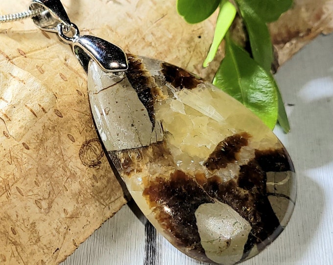 Natural High Grade Yellow Septarian Pear Cabochon .925 Sterling Silver Pendant 2 1/8" x 1" CB29 Sterling Silver Bail