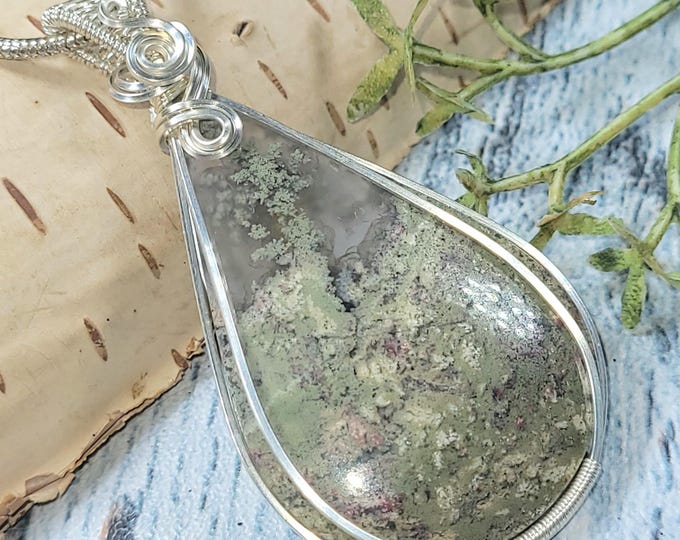 Moss Agate Pendant, Wire Wrapped Moss Agate Sterling Silver Pendant, Solid Sterling Wire wrapped, Gift for Her, Statement Pendant, JG16