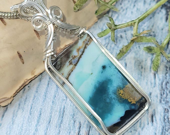 Blue Opalized Wood Pendant, Blue Petrified Wood Wire Wrapped Sterling Silver Pendant, Hand Wrapped Pendant, Gift for Her, JG20