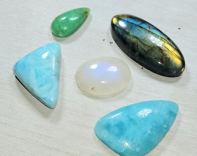 Natural Labradorite, Chrysoprase, Moonstone, Hemimorphite & Larimar 95ct Cabochons Mixed Lot 5 Stone Wire Wrap, Weaving AS17