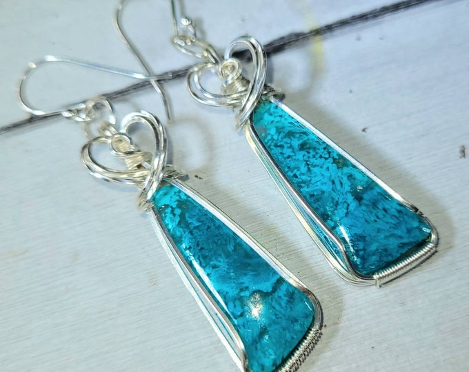 Chrysocolla Earrings, Chrysocolla Wire Wrapped Earrings, Sterling Silver Wire Wrapped Earrings, Chrysocolla Wire Wrap Earrings DG