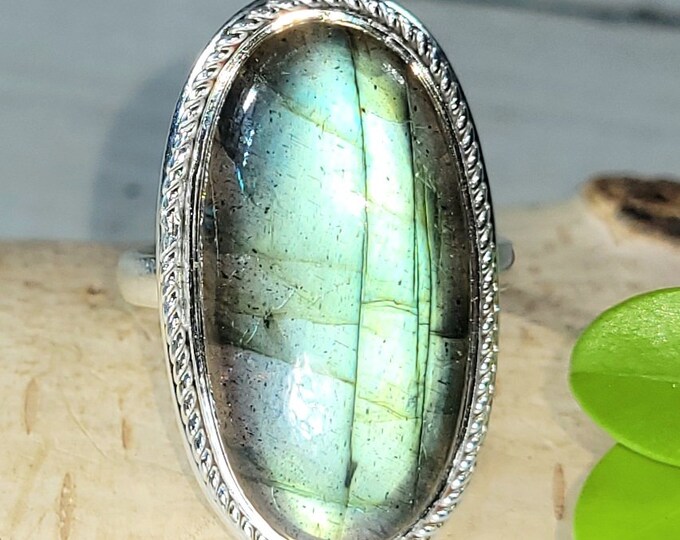 Natural High Grade Multi Flash Oval Labradorite Handmade .925 Sterling Silver Ring Size 8.5 Full Multi Flash Great Gift for Her