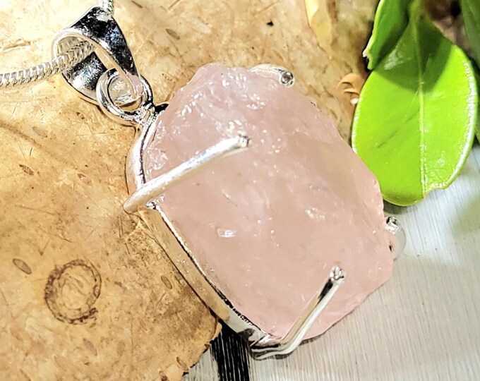 Natural Raw Rose Quartz Rough Cut Handcrafted .925 Sterling Silver Pendant Weighs 6 Grams Measures 1 1/8" X 5/8" CB37