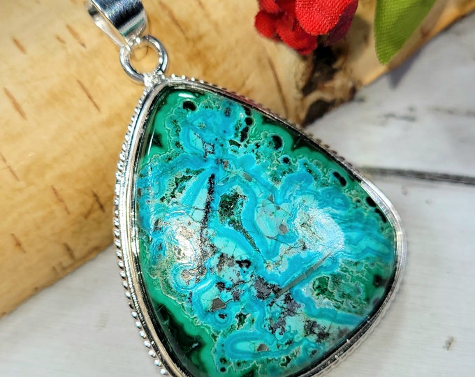 Handmade Chrysocolla Malachite Sterling Silver Statement Pendant