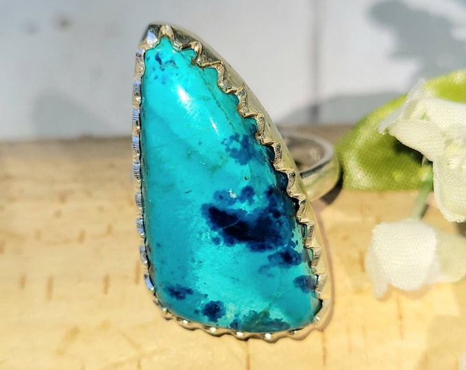 Shattuckite Sterling Silver Ring, Crown Prong Setting, Quality Shattuckite Ring. Sterling Silver Handmade Boho Ring, Size 8.5