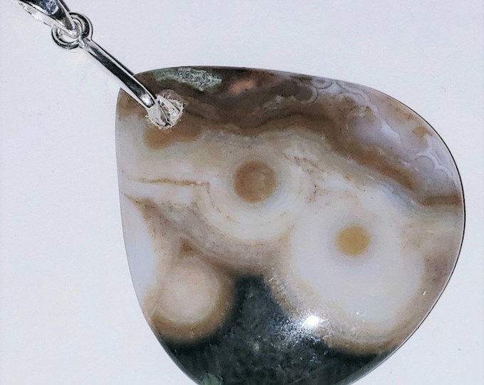Natural High Grade Ocean Jasper Pear Cabochon .925 Sterling Silver Pendant 2" x 1 1/4" EB11 Heavy Duty Sterling Silver Bail