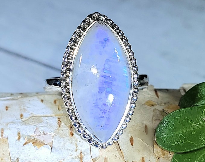 Natural Blue Flash Moonstone Marquise .925 Sterling Silver Ring Size 8.5 6 Grams 1 1/8" x 5/8" EX36
