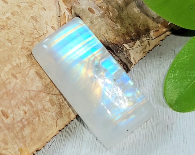 Natural Premium AAAA Grade Rainbow Moonstone Rectangle 20Ct Cabochon Wire Wrapping, Weaving, or Pendant 20mm x 10mm Gift for Her CJ07