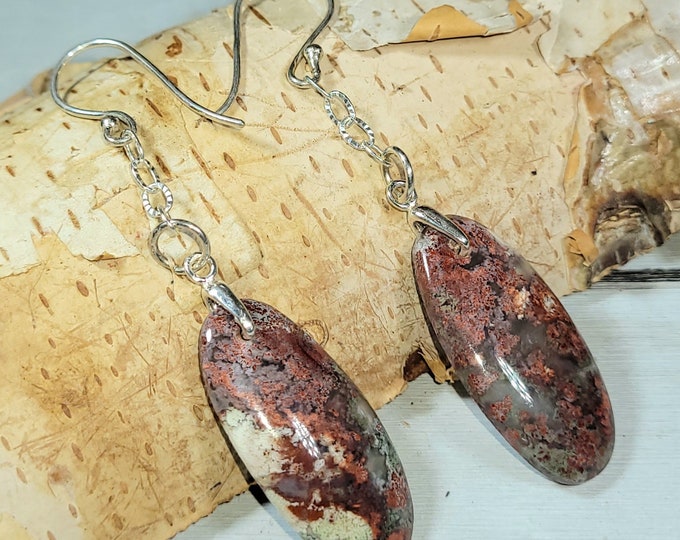 Natural Rare Red Plume Moss Agate Cabochon Handmade  .925 Sterling Silver Chain Dangle Earrings 2 5/8" x 1/2" AT23