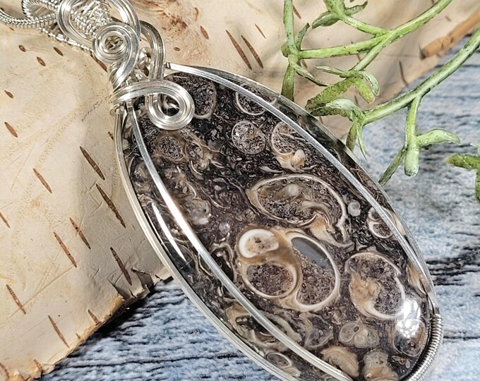 Natural Turritella Jasper wire wrapped .925 Silver Pendant, Sterling Silver Wire Wrapped pendants, Handmade Stone Jewelry JA09