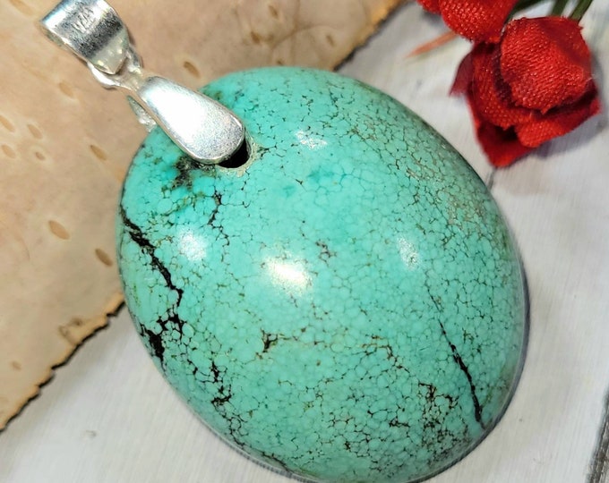 Tibetan Turquoise Pendant,  Tibetan Turquoise Sterling Silver Pendant, Statement Pendant, Boho Pendant, High Grade Turquoise, Handmade EA27