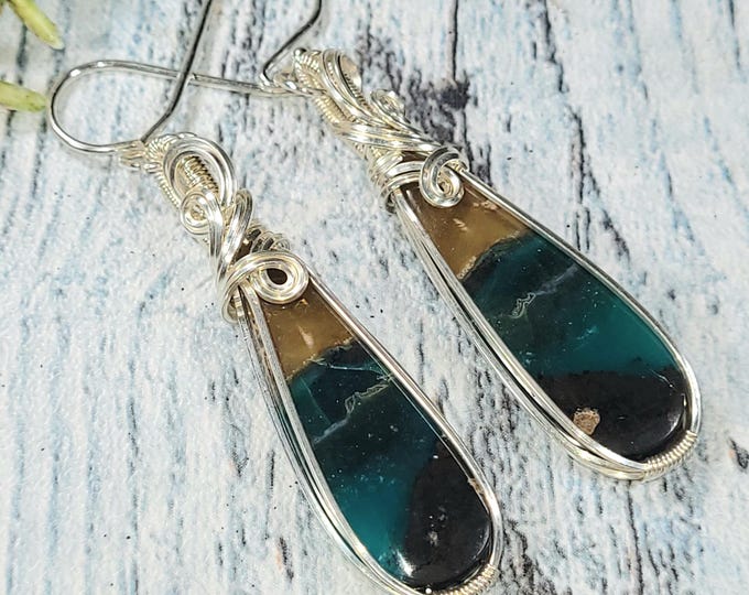 Blue Opalized Wood Earrings, Opalized Sterling Silver Wire Wrapped Earrings, Petrified Wood Earrings, Handmade Earrings, Gift for Her JF05