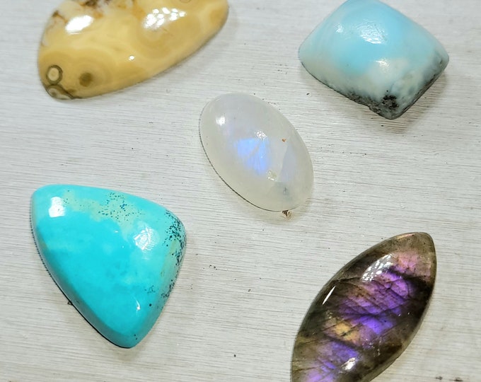 Natural Labradorite, Ocean Jasper, Larimar, Kingman Turquoise & Moonstone 85ct Cabochons Mixed Lot 5 Stone Wire Wrap, Weaving AS09