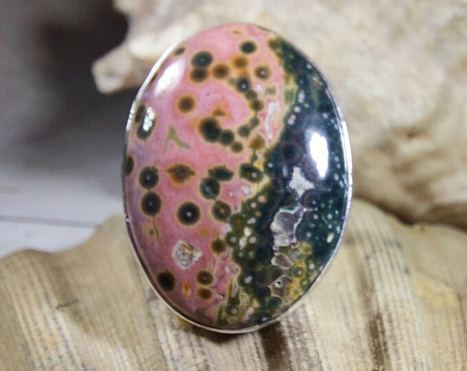 Natural Premium Grade Ocean Jasper Ring, Genuine Ocean Jasper Ring set in .925 Sterling Silver, Size 7 1/2