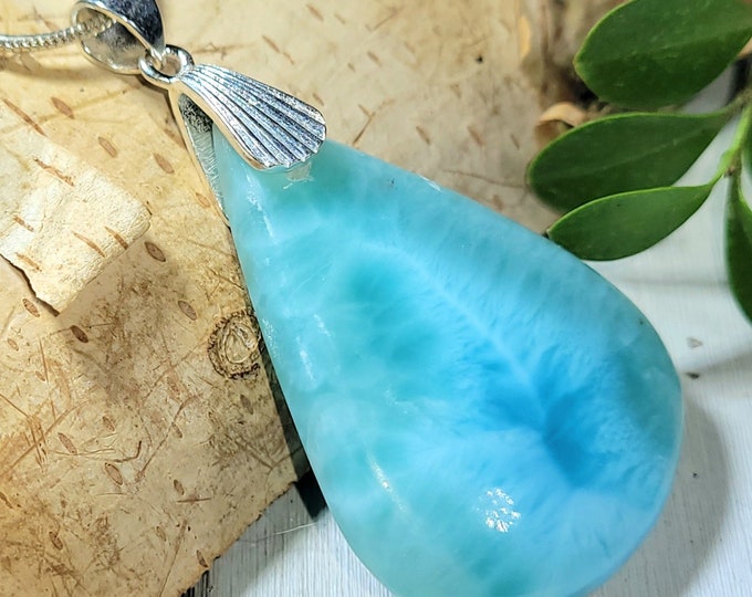 Natural AAA Grade Dominican Larimar Cabochon .925 Sterling Silver Pendant 2" x 1 1/8" 13 Grams AR09 Heavy Duty Sterling Silver Designer Bail