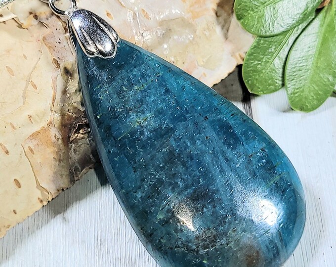 Natural Top Quality Apatite Pear Cabochon .925 Sterling Silver Pendant 2" x 7/8" EZ30 Sterling Silver Rhodium Plated Bail