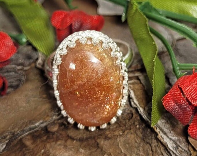 Natural Sunstone Sterling Silver Ring, Top Quality Sunstone Ring Designer Crown Prong Handmade Boho Ring, Size 6 CY