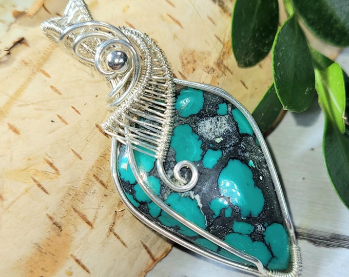 Turquoise Pendant, Turquoise Wire Wrapped Sterling Silver Pendant, Turquoise Hand Wrapped Pendant, Statement Pendant, Gift for Her DP17