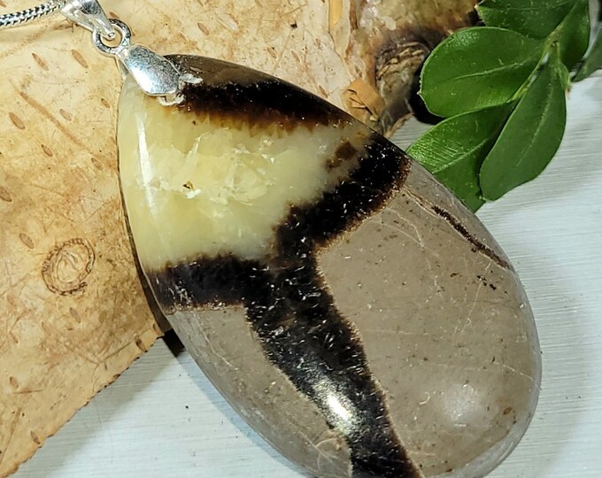 Natural Top Grade Yellow Septarian Pear Cabochon .925 Sterling Silver Pendant 2 1/8" x 1" AT22 Sterling Silver Bail