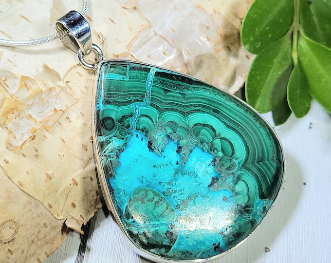 Natural AAA Malachite Chrysocolla Handmade .925 Sterling Silver Pendant Weighs 20 Grams Measures 2 1/4" x 1 1/2" AB29