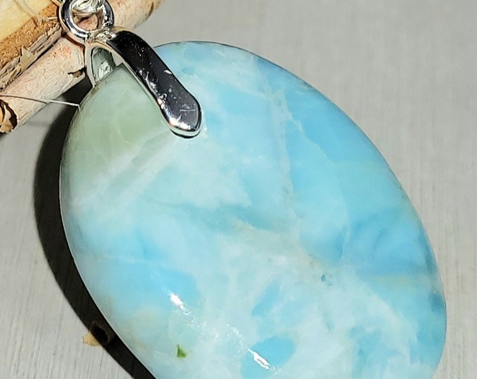 Natural Top Quality Dominican Larimar Cabochon .925 Sterling Silver Pendant 1 3/8" x 3/4" 6 Grams EE38 Sterling Silver Bail