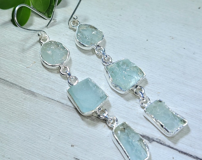 Natural Raw Rough Cut Aquamarine 3 Stone Handmade .925 Sterling Silver Dangle Earrings 10 Grams 2 3/4" x 1/2" CE25