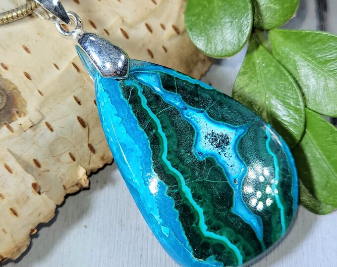 Malachite Chrysocolla Pendant, Malachite Chrysocolla Cabochon Sterling Silver Pendant, Gift for Her, Statement Pendant, BA30, Handmade Piece