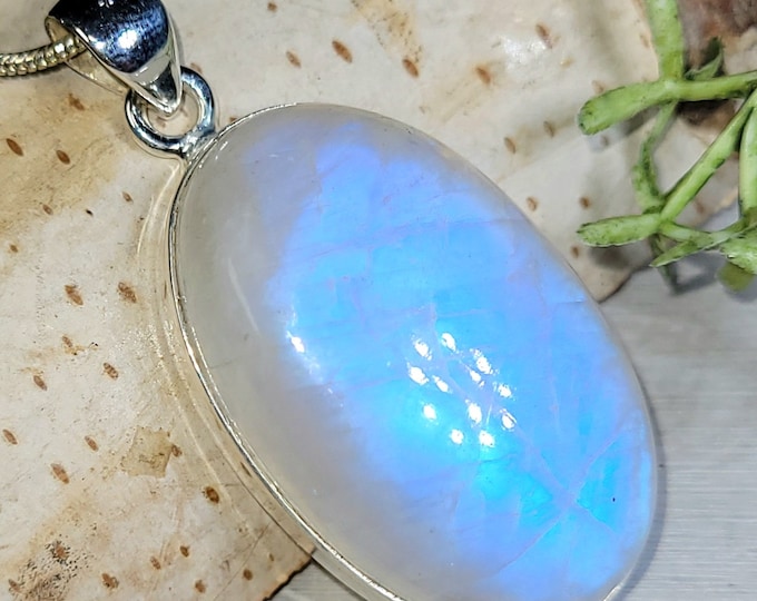 Moonstone Pendant, Rainbow Moonstone Oval Cabochon Sterling Silver Pendant, Blue Color Flash, Gift for Her, Handmade Pendant, GF32