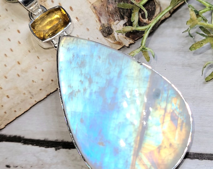 Moonstone Pendant, Citrine Pendant, Rainbow Moonstone Sterling Silver Pendant, AAAA Moonstone Pendant, Gift for Her, Statement Pendant, GJ03