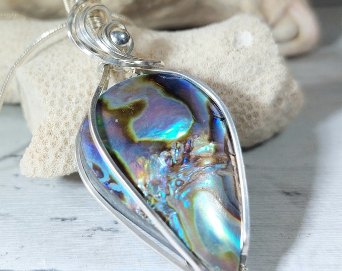 Natural Abalone Pendant, Wire Wrapped .925 Silver Pendant, Sterling Silver Wire Wrapped pendants, Handmade Stone Jewelry GG18