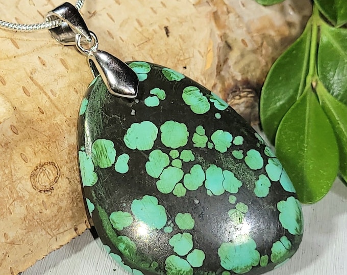 Natural Old Tibet Turquoise Freeform Cabochon .925 Sterling Silver Pendant 2" x 1 1/8" CA38 Heavy Duty Sterling Silver Bail