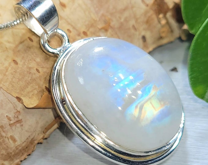 Natural High Grade Blue Flash Rainbow Moonstone Oval Handmade .925 Sterling Silver Pendant 1 5/8" x 7/8" 10 Grams DD32