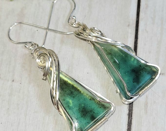 Blue Opalized Earrings, Petrified Wood Earrings, Blue Opalized Sterling Silver Wire Wrapped Earrings , Handmade Earrings, HC21, Gift for Her