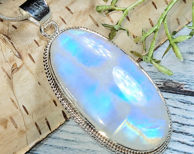 Moonstone Pendant, Rainbow Moonstone Oval Cabochon Sterling Silver Pendant, Multi Color Flash, Gift for Her, Handmade Pendant, JB27