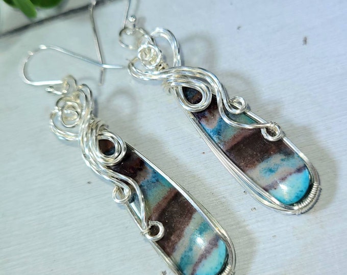 Blue Opalized Wood Earrings, Opalized Wood Wire Wrapped Earrings, Sterling Silver Wire Wrapped Earrings, Opalized Petrified Wood Earrings DG