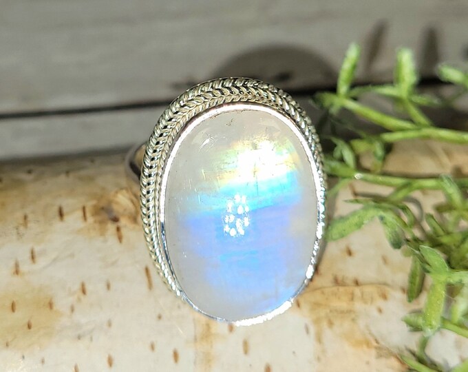Rainbow Moonstone Ring, Moonstone Ring, Sterling Silver Moonstone Ring, Moonstone Ring Size 8.25, Statement Ring, Boho Ring, GJ