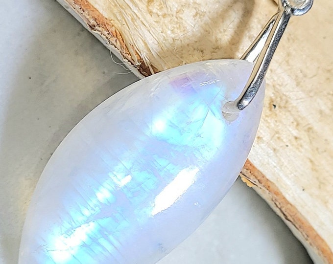 Natural AAA Blue Moonstone Marquise Cabochon .925 Sterling Silver Pendant 1 7/8" x 11/16" EE32 Sterling Silver Heavy Duty  Bail