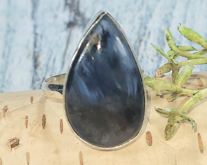 Handmade Pear Pietersite Sterling Silver Ring - Size 8
