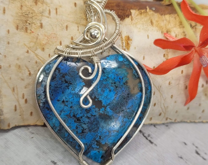 Moss Agate Pendant, Wire Wrapped Heart Moss Agate Sterling Silver Pendant, Sterling Silver Wire Wrapped, Gift for Her, FD19