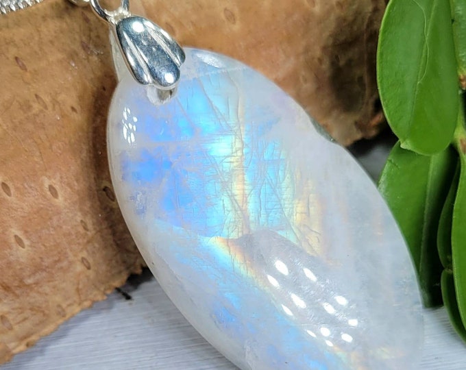 Moonstone Pendant, Multi Flash Moonstone Oval Cabochon Sterling Silver Pendant, Gift for Her, Handmade Pendant, FJ21