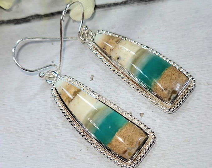 Blue Opal Earrings, Petrified Wood Earrings, Sterling Silver Blue Opalized Petrified Earrings, Sterling Silver Blue Opal Earrings DM13