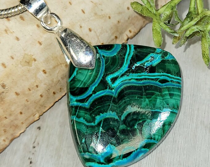 Malachite Chrysocolla Pendant, Malachite Chrysocolla Cabochon Sterling Silver Pendant, Gift for Her, Handmade Pendant, Statement Pendant, HC