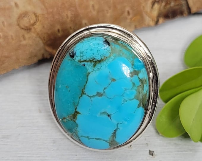 Turquoise Ring, Kingman Turquoise Ring, Turquoise Sterling Silver Size 7.5 Gift for Her, Boho Ring, Statement Ring, Handmade Ring, DD